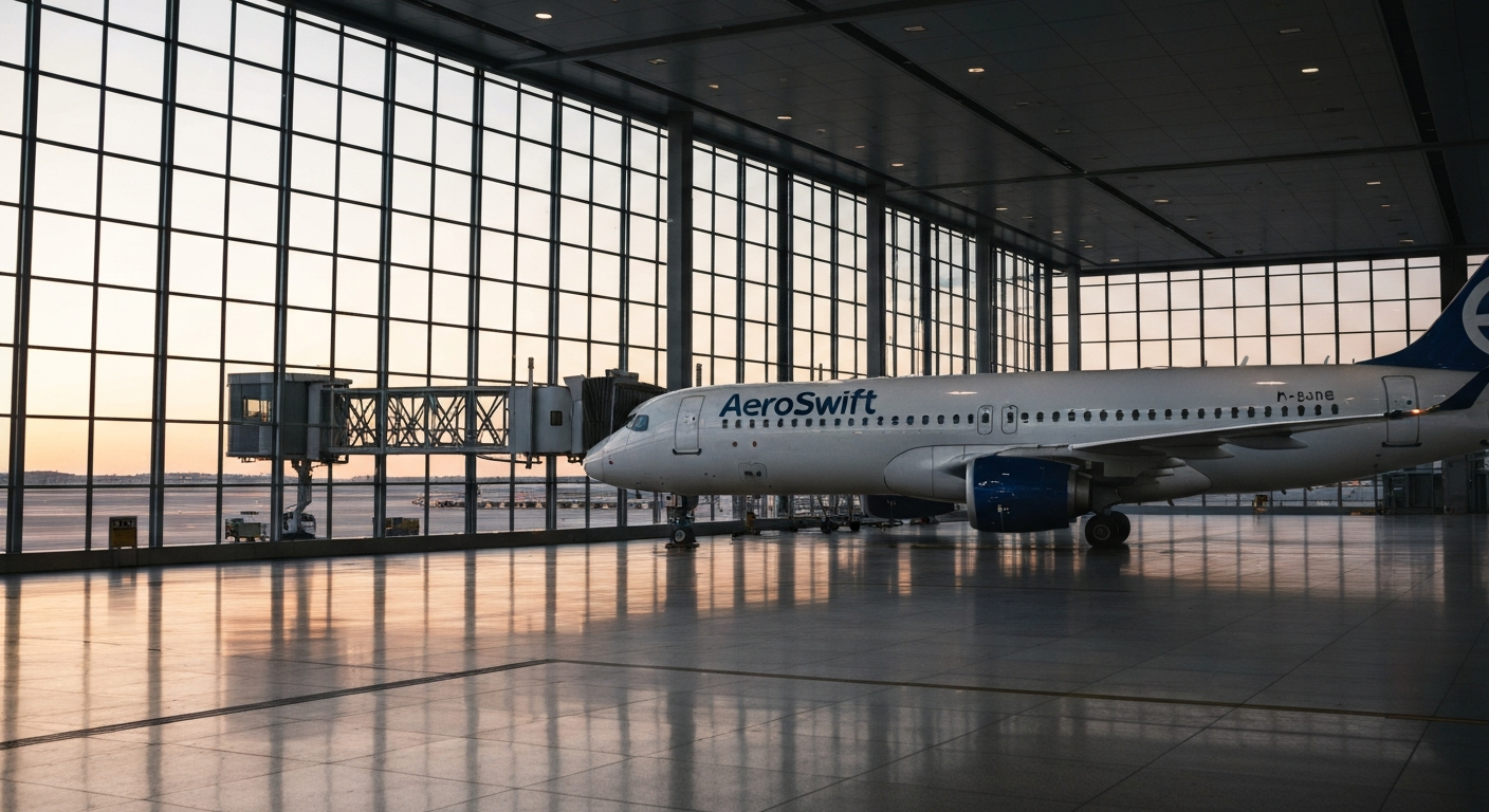 AeroSwift Airways aircraft at a modern, empty international airport terminal boarding gate at dawn