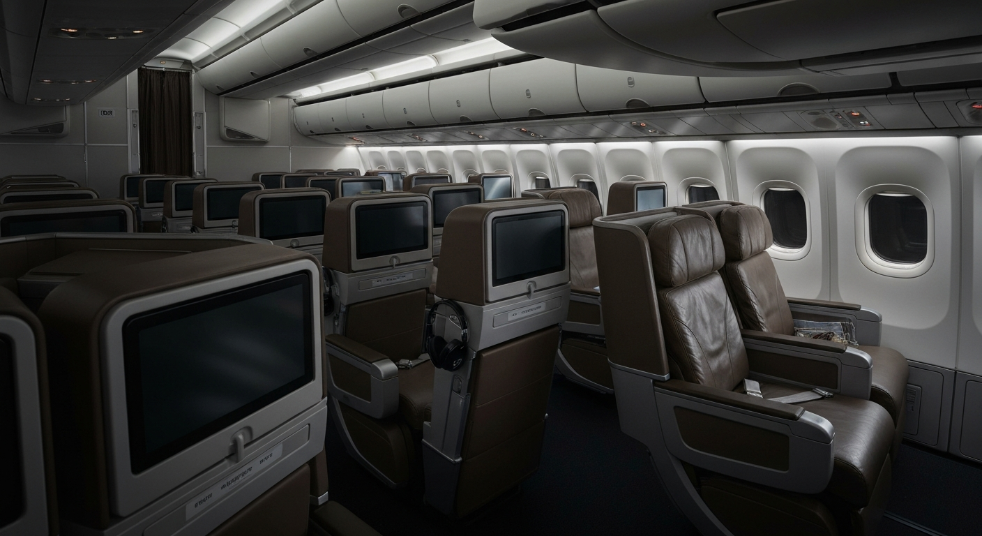 Luxurious empty United Airlines premium cabin interior with mood lighting and comfortable seats