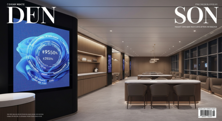 Modern airport lounge with a digital display illustrating traveler loyalty program rewards and points.
