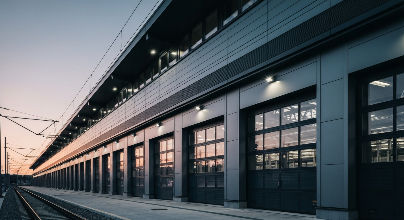 Modern, sustainable rail maintenance facility with sleek architecture and atmospheric lighting at dusk.