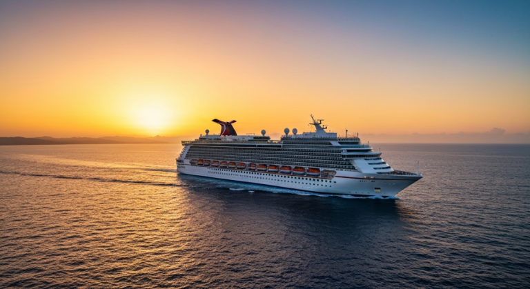 Carnival Firenze cruise ship sailing along the Mexican Riviera coastline at sunset