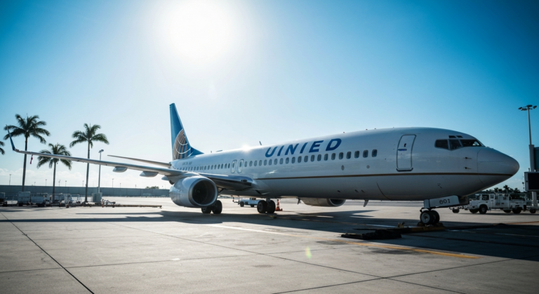 United Airlines aircraft at a modern Miami airport gate with palm trees in the background