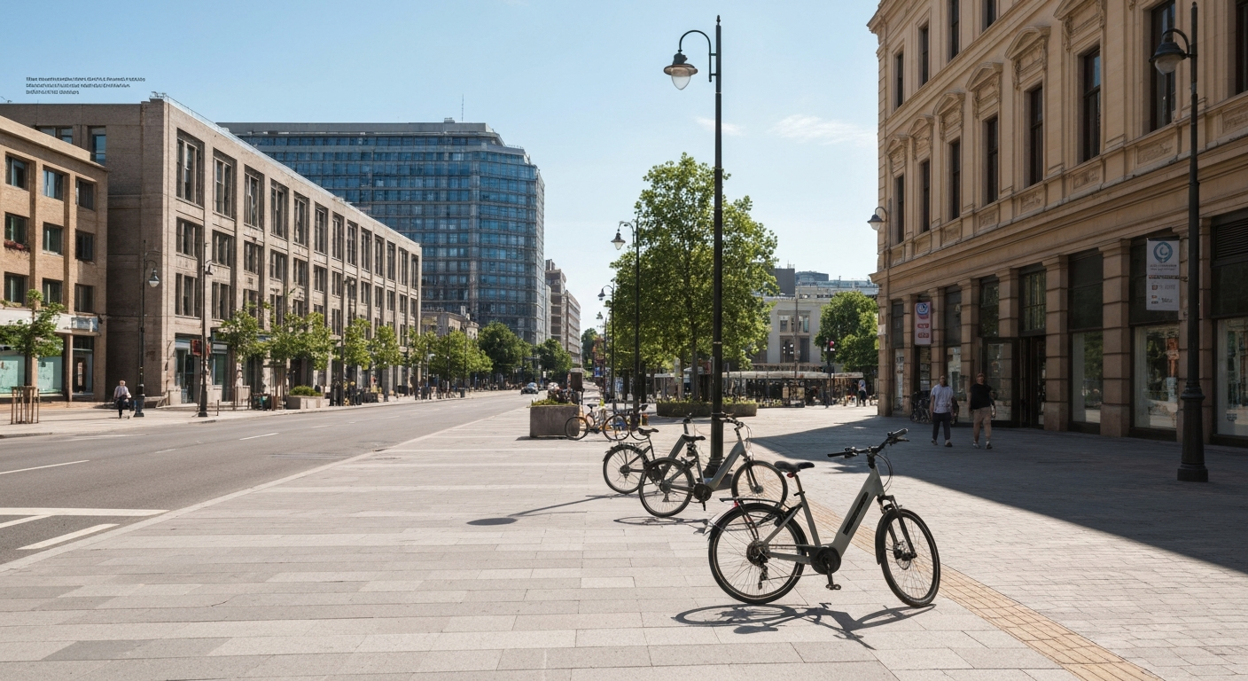 Elegantly designed e-bikes parked in a modern urban plaza in a city center