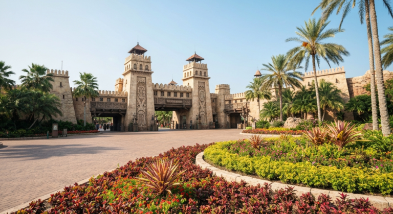 Grand entrance to a safari-themed amusement park with lush greenery and distinct architecture
