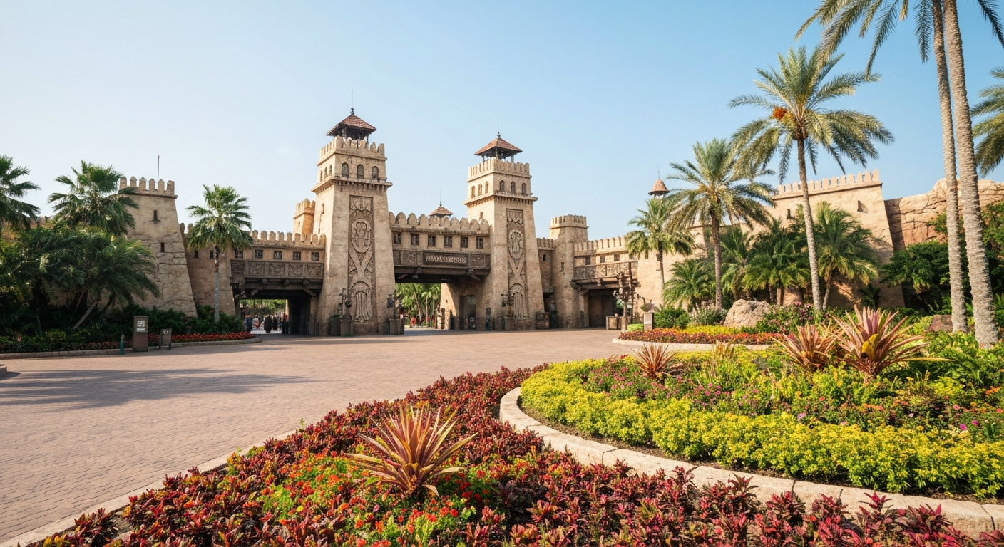 Grand entrance to a safari-themed amusement park with lush greenery and distinct architecture
