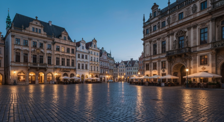 Historic European city square at twilight with elegant architecture and ambient lighting