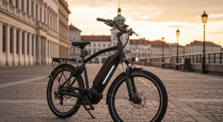 Modern e-bike parked on an elegant city promenade with historic buildings at sunset.