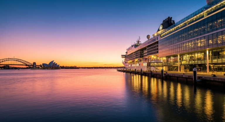 Modern cruise terminal in Sydney Harbor with a luxury cruise ship docked at sunset