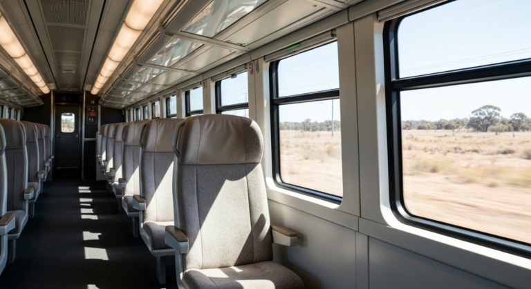 Pristine, modern interior of an Australian regional train with comfortable seating and large windows