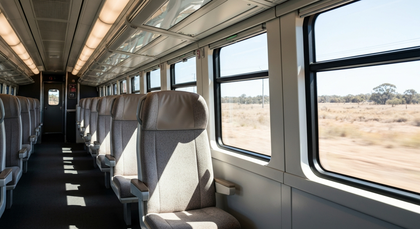 Pristine, modern interior of an Australian regional train with comfortable seating and large windows