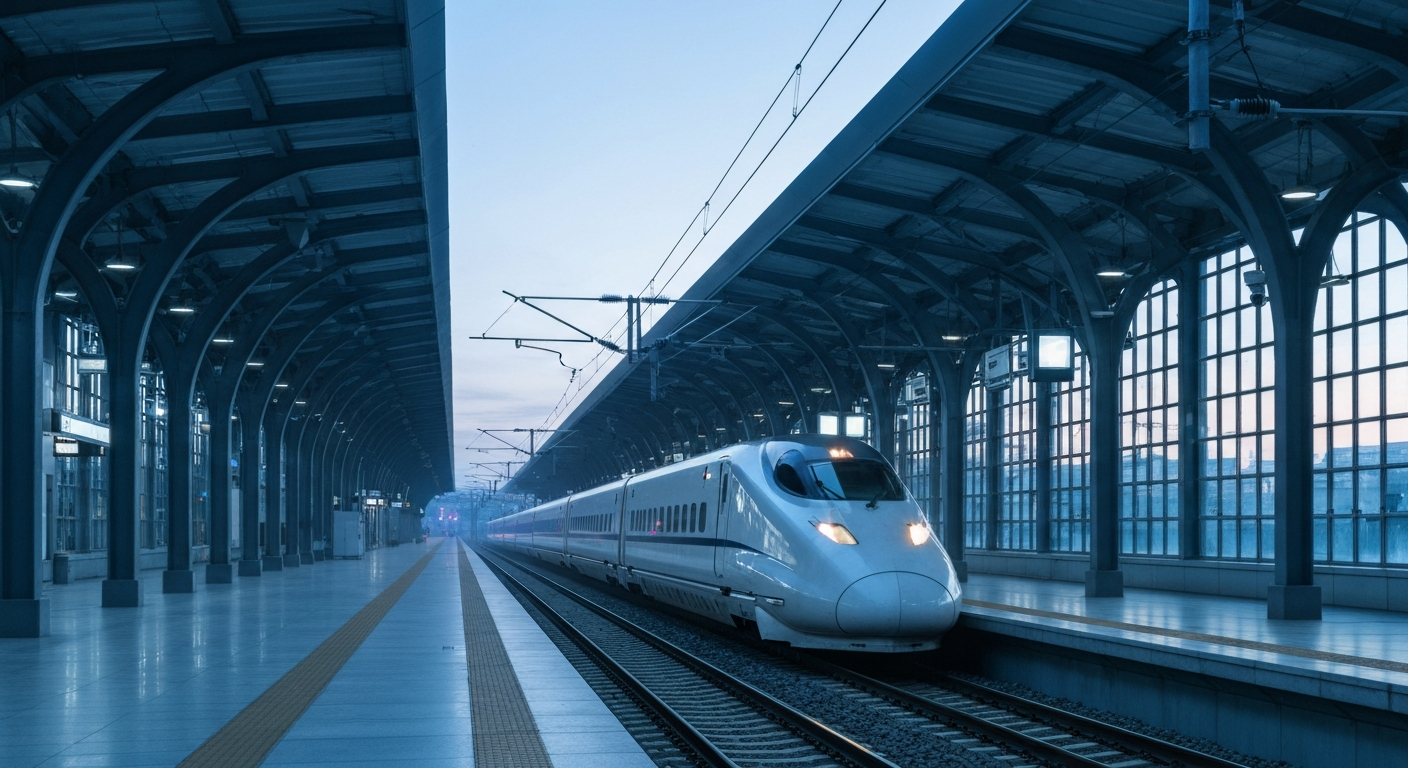 Sleek, modern train arriving at a new, elegantly designed rail station platform