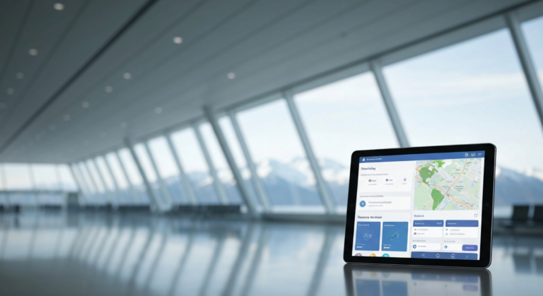 Digital tablet screen showing a travel planning app in a sophisticated airport lounge setting