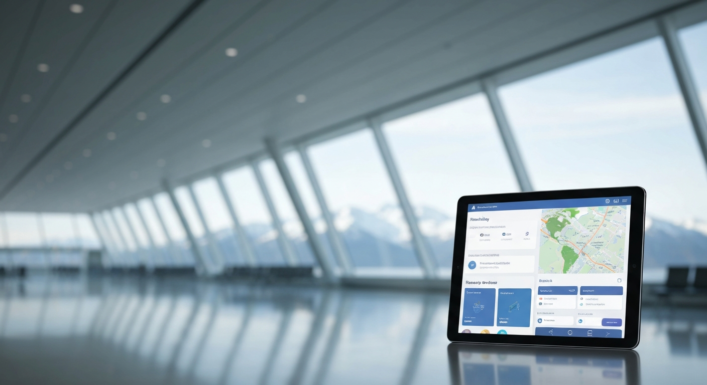 Digital tablet screen showing a travel planning app in a sophisticated airport lounge setting