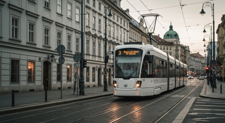 Modern Škoda ForCity Plus 52T tram on a track in a clean urban setting in Prague.