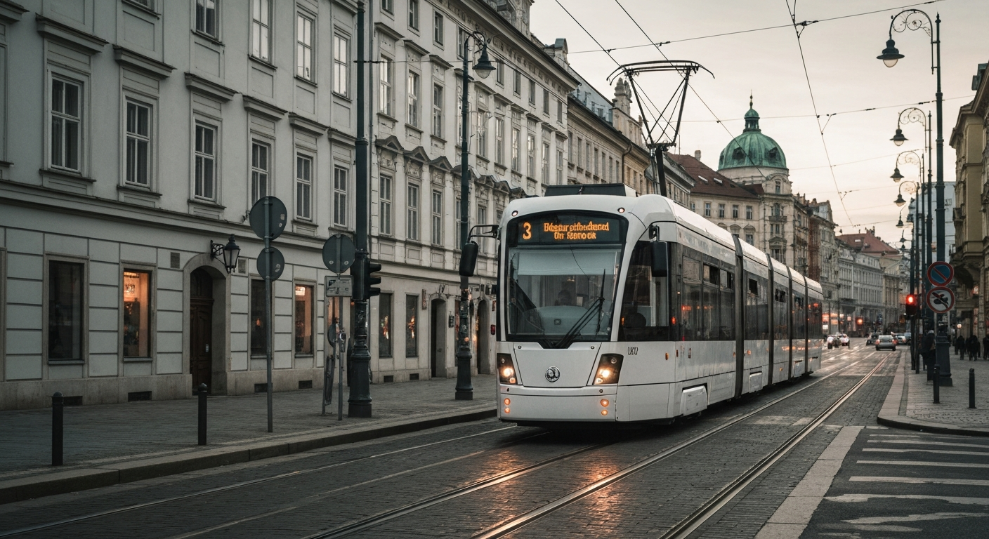 Modern Škoda ForCity Plus 52T tram on a track in a clean urban setting in Prague.