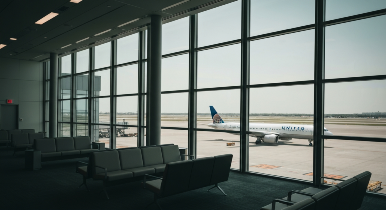 Empty United Airlines gate lounge with a view of a parked aircraft on a sunlit tarmac
