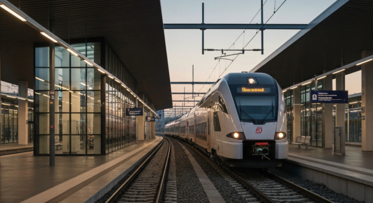 Modern Omneo Régio2N double-decker train at a contemporary regional station in France at dusk.