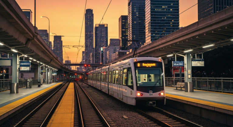 Modern light rail train traversing an urban landscape with city lights at twilight.