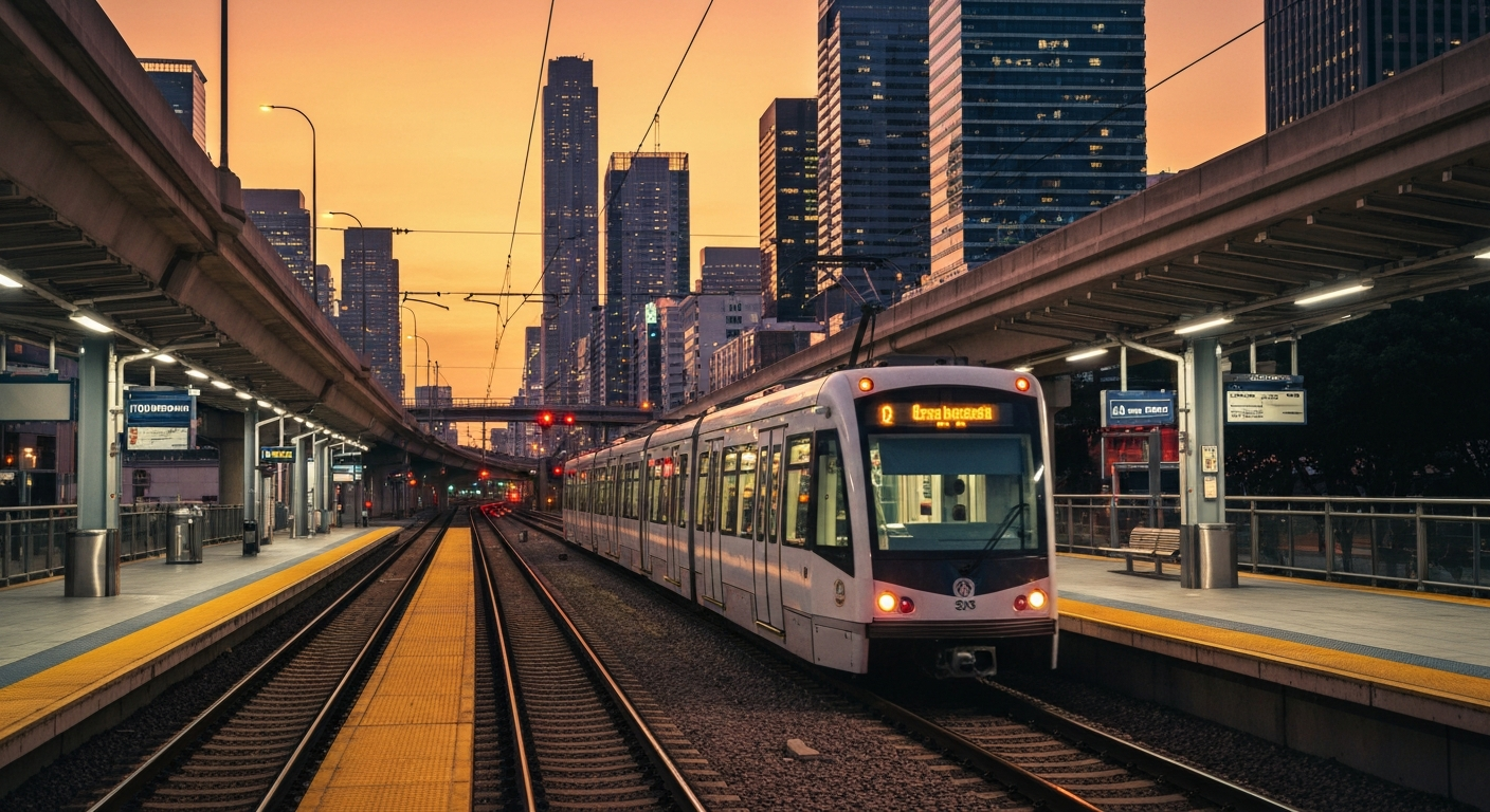 Modern light rail train traversing an urban landscape with city lights at twilight.