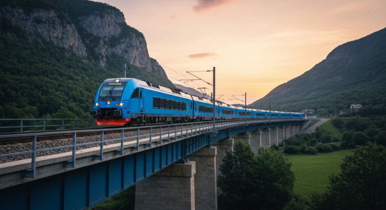 Modern train crossing an illuminated rail bridge connecting Turkey and Bulgaria at dusk