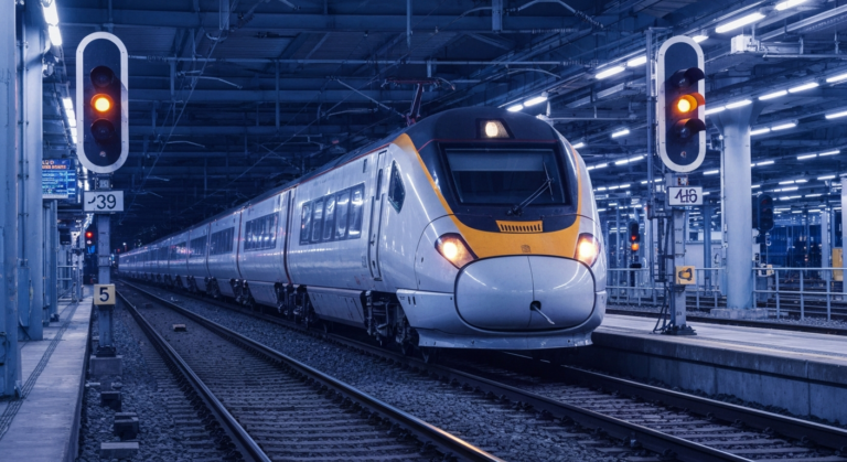 Modern train navigating advanced digital rail infrastructure at a busy UK station at night.