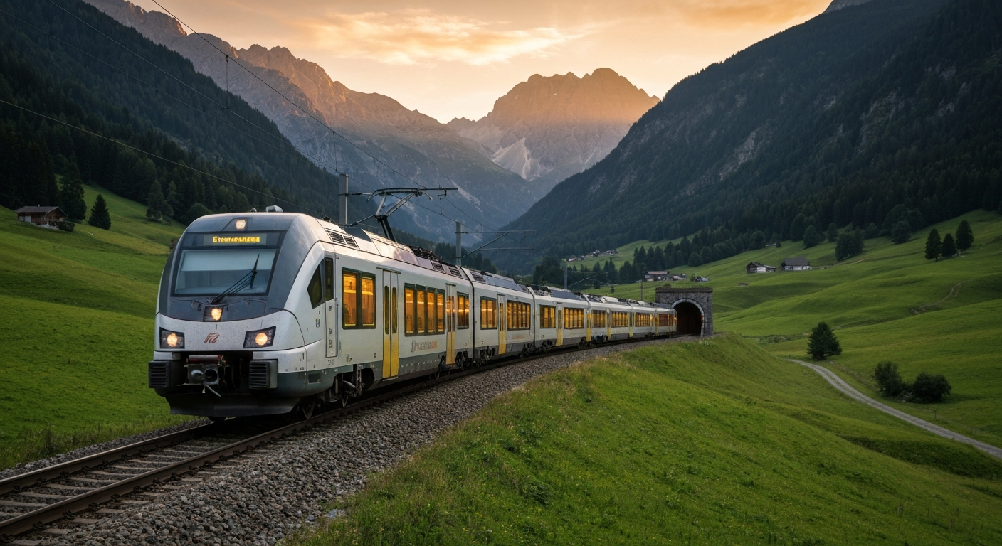 Sleek modern Alstom Coradia Stream train traveling through a picturesque South Tyrolean valley
