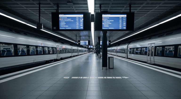 Modern Danish train station with digital screens indicating seamless, account-based travel.