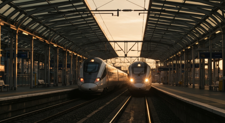 Modern high-speed train pulling into a contemporary station platform in Great Britain during golden hour.