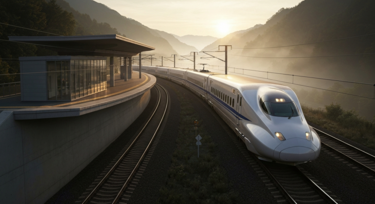 Modern Japanese Shinkansen high-speed train at a clean station in a scenic mountain landscape.