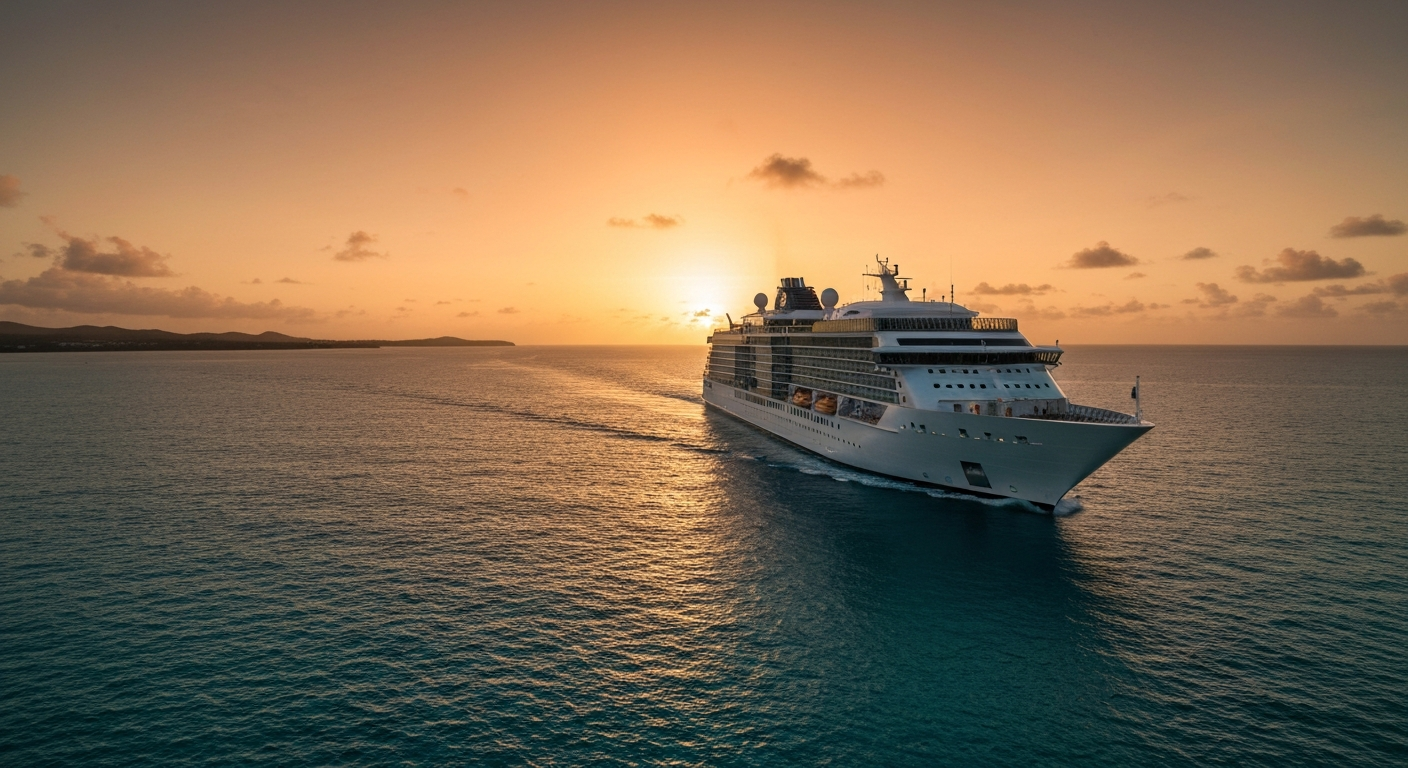 Modern cruise ship sailing at sunset in the Caribbean with a vibrant sky and calm waters.