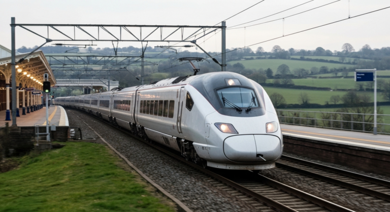 Sleek, modern train passing through the British countryside, showcasing advanced rail infrastructure.