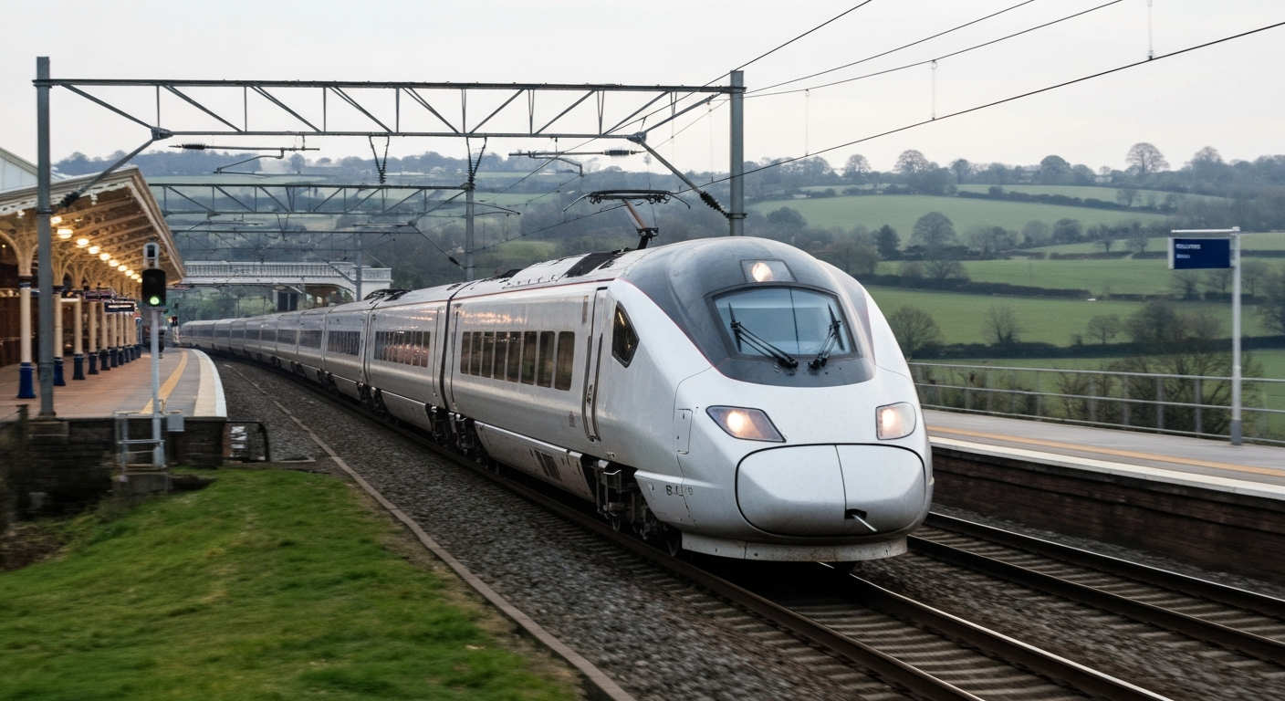 Sleek, modern train passing through the British countryside, showcasing advanced rail infrastructure.