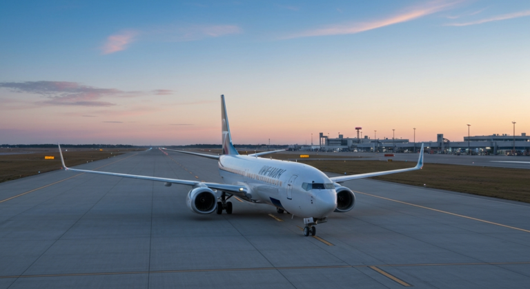 Boeing 737 MAX 10 aircraft parked on an empty runway under a clear evening sky.