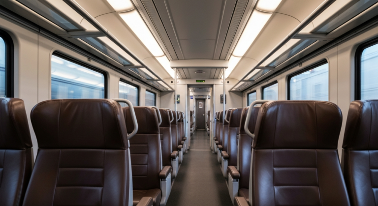 Immaculate interior of a modern V/Line regional train, emphasizing cleanliness and passenger comfort.