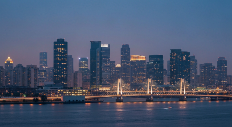 Upscale city skyline at dusk with modern buildings and elegant urban infrastructure.