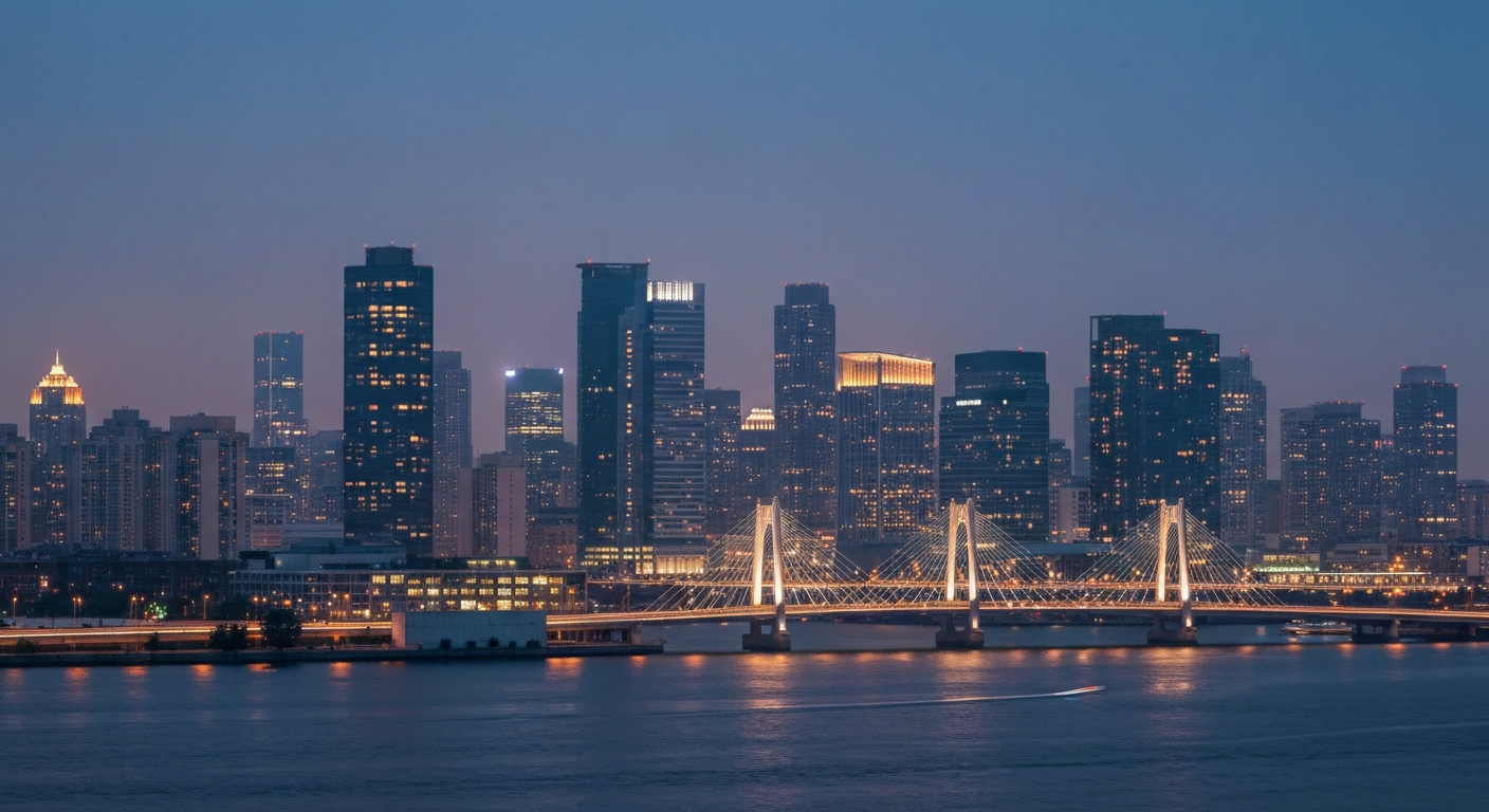 Upscale city skyline at dusk with modern buildings and elegant urban infrastructure.