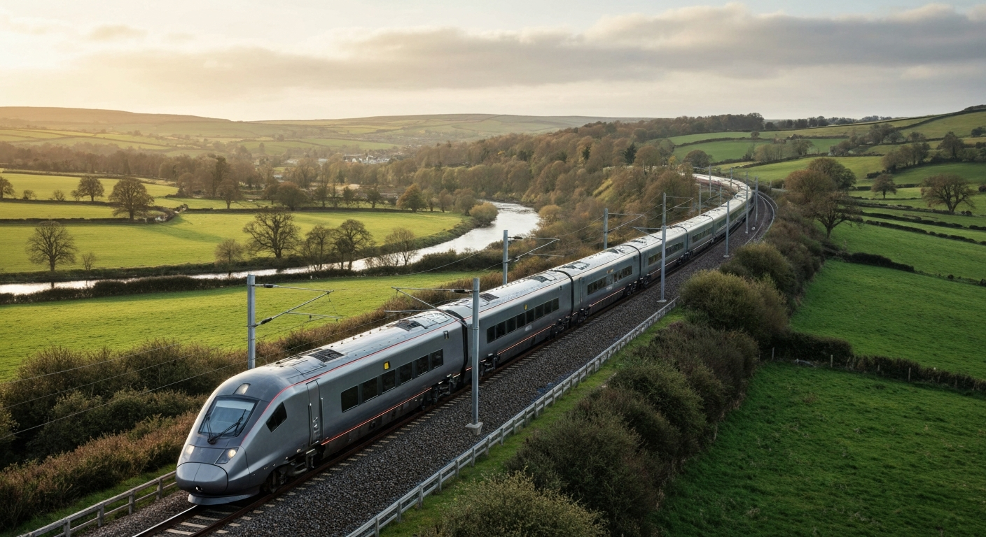 Modern train speeding through a picturesque British countryside on a clear day, showcasing rail network.