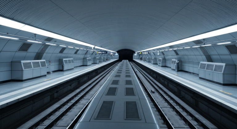 Modern Madrid Metro station platform with visible cooling systems, designed for enhanced traveler comfort.