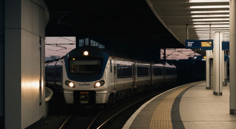Modern ScotRail train at a brightly lit station platform in the Scottish highlands at dusk