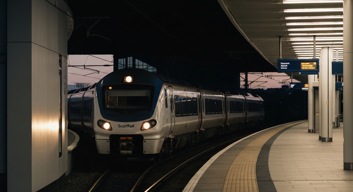 Modern ScotRail train at a brightly lit station platform in the Scottish highlands at dusk