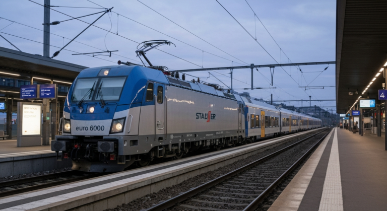 Sleek Stadler Euro6000 electric locomotive at a modern European rail station platform