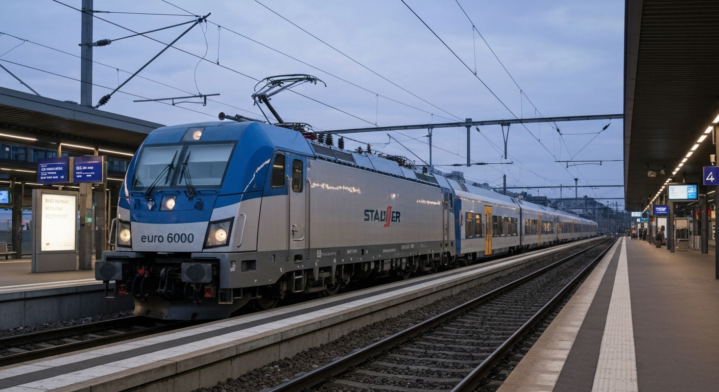 Sleek Stadler Euro6000 electric locomotive at a modern European rail station platform