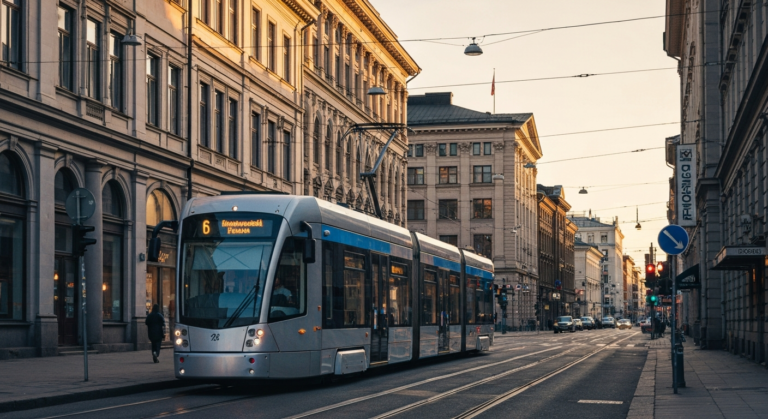 Modern, sleek tram moving through an illuminated Helsinki city street at dusk.