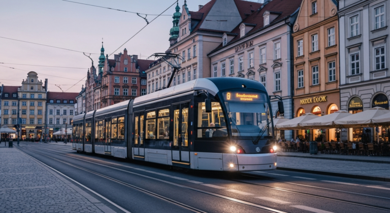 Modern Škoda tram on tracks in Wroclaw city center, sleek design, evening atmosphere.