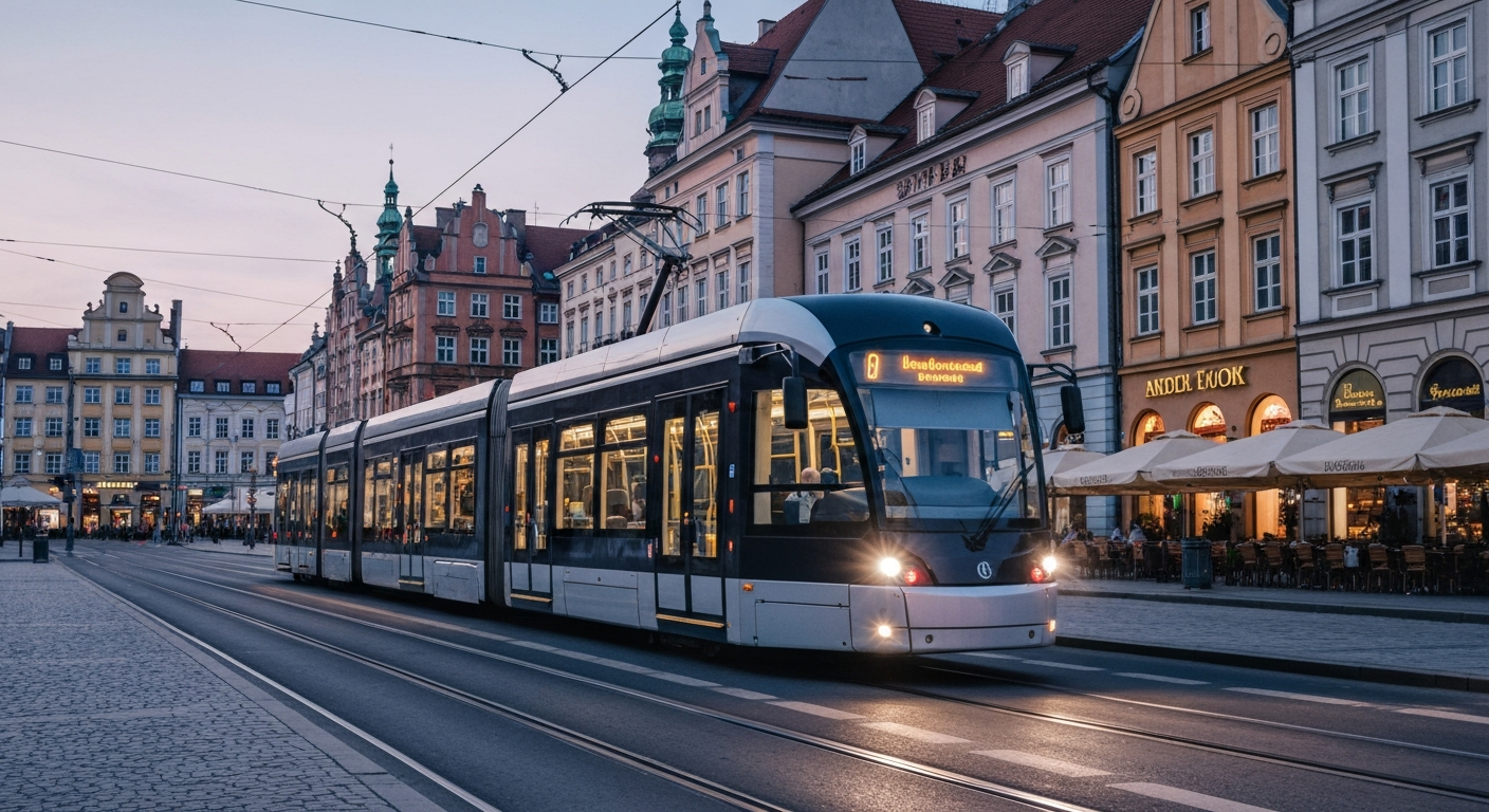 Modern Škoda tram on tracks in Wroclaw city center, sleek design, evening atmosphere.