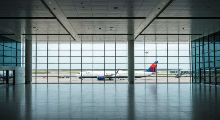 Empty modern international airport terminal with a Delta Boeing 737 on the sunny tarmac