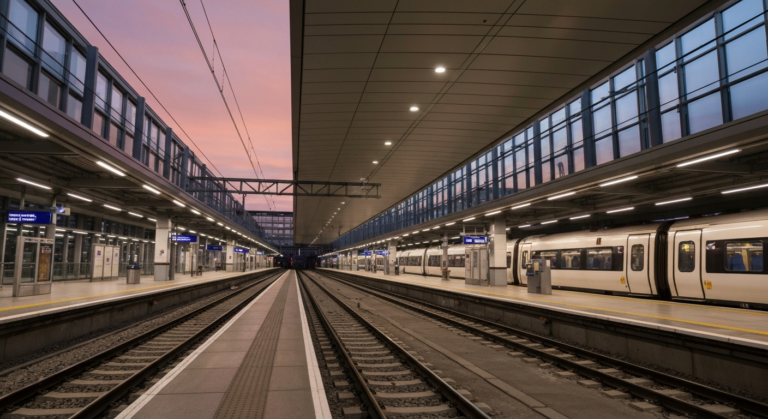 Modern UK railway station concourse with soft lighting and sleek infrastructure at dusk.